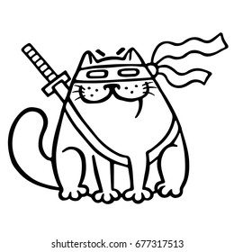 Fat ninja cat in a mask and a sword behind him. Funny cartoon cool character. Isolated vector illustration. White color background. Funny cartoon character.