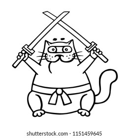 Fat ninja cat with two crossed swords. Vector illustration. Funny contour cartoon.