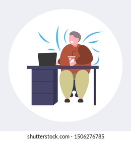 fat obese businessman drinking cola at workplace desk overweight smiling business man unhealthy nutrition obesity concept flat full length