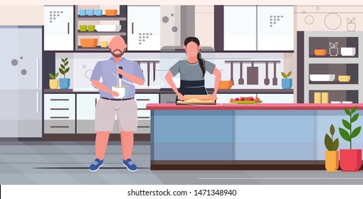 fat obese coupe preparing fruit pie homemade sweet home cooking delicious unhealthy nutrition obesity concept modern home kitchen interior flat full length horizontal