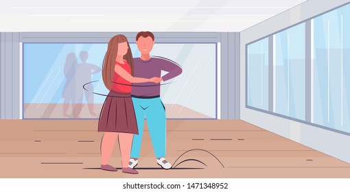 Fat Obese Couple Dancing Together Overweight Man Woman Training Workout Weight Loss Concept Modern Dance Studio Interior Flat Full Length Horizontal