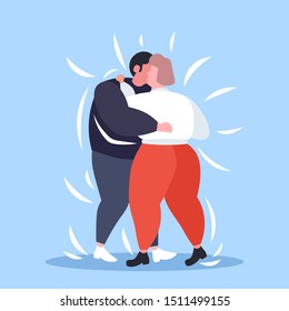 Fat Obese Couple Dancing Together Overweight Man Woman Embracing Weight Loss Obesity Concept Flat Full Length