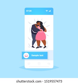 fat obese couple dancing together overweight african american man woman embracing weight loss obesity concept smartphone screen online mobile app flat full length