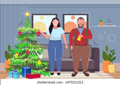 Fat Obese Couple Decorating Christmas Tree Overweight Man Woman Spending Time Together Winter Holidays Concept Modern Living Room Interior Flat Full Length Horizontal