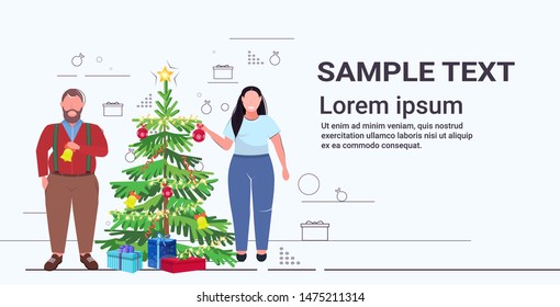 Fat Obese Couple Decorating Christmas Tree Overweight Man Woman Spending Time Together Winter Holidays Concept Flat Full Length Copy Space Horizontal