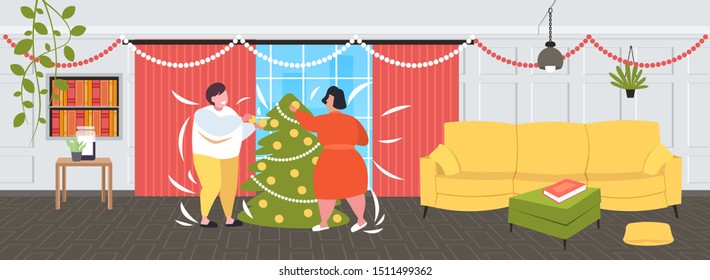 Fat Obese Couple Decorating Christmas Tree Overweight Man Woman Spending Time Together Winter Holidays Obesity Concept Modern Living Room Interior Flat Full Length Horizontal