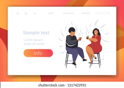 fat obese couple drinking coffee discussing during meeting african american man woman having fun obesity concept flat full length horizontal copy space