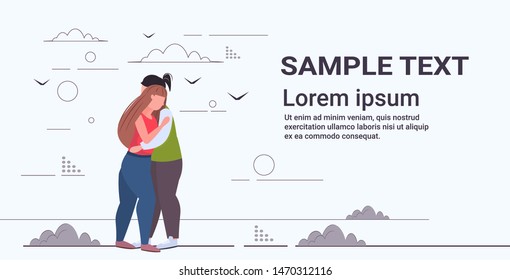 fat obese couple embracing overweight man woman standing together having fun outdoor romantic date obesity concept flat full length horizontal copy space