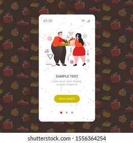 fat obese couple giving gift present boxes to each other merry christmas happy new year winter holidays celebration concept smartphone screen online mobile app full length vector illustration