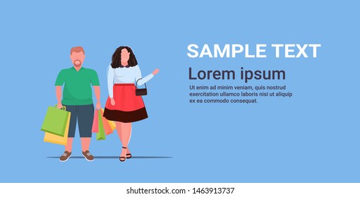 Fat Obese Couple Holding Colorful Paper Bags Overweight Man Woman With Purchases Big Sale Shopping Concept Flat Full Length Horizontal Copy Space