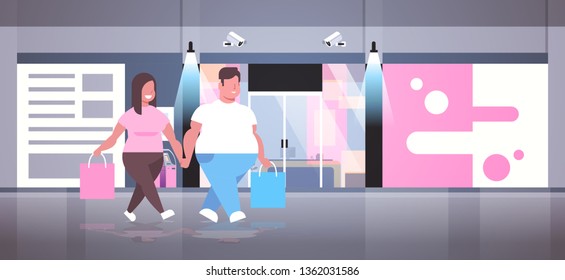 Fat Obese Couple Holding Shopping Bags Big Sale Concept Happy Overweight Man Woman Walking In Front Of Modern Shop Mall Center Exterior Full Length Flat Horizontal