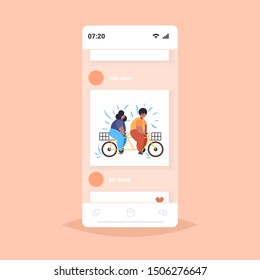 Fat Obese Couple Riding Tandem Bicycle Overweight African American Man Woman Cycling Twin Bike Weight Loss Concept Smartphone Screen Online Mobile App Flat Full Length