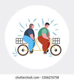 Fat Obese Couple Riding Tandem Bicycle Overweight Man Woman Cycling Twin Bike Weight Loss Concept Flat Full Length