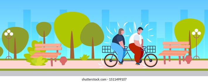 Fat Obese Couple Riding Tandem Bicycle Overweight Man Woman Cycling Twin Bike Weight Loss Concept Summer Park Landscape Background Flat Full Length Horizontal