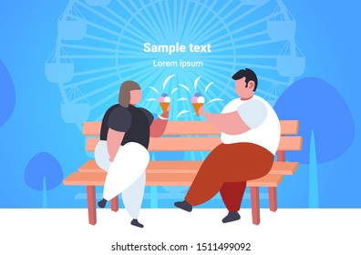 fat obese couple sitting on wooden bench eating ice cream overweight man woman having fun unhealthy nutrition obesity concept summer park ferris wheel background full length copy space horizontal