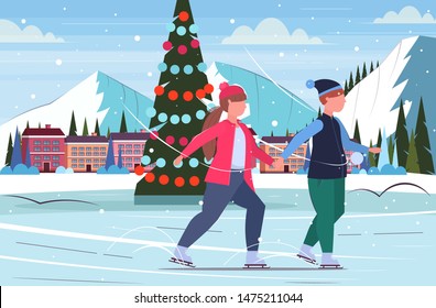 Fat Obese Couple Skating On Ice Rink Overweight Man Woman Holding Hands Winter Fun Sport Activities Weight Loss Concept Christmas Tree Landscape Background Full Length Flat Horizontal