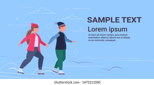 Fat Obese Couple Skating On Ice Rink Overweight Man Woman Holding Hands Winter Fun Sport Activities Weight Loss Concept Full Length Flat Horizontal Copy Space