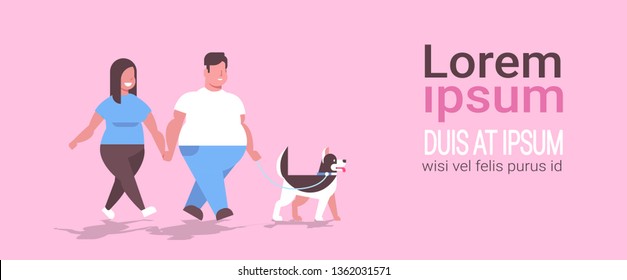 fat obese couple walking with husky dog overweight man woman having fun obesity concept horizontal full length flat copy space