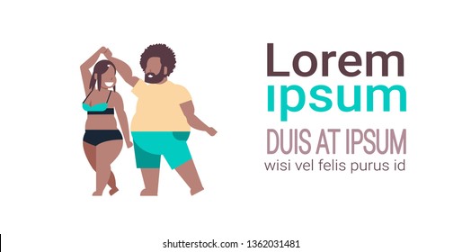 fat obese couple wearing beach clothes overweight african american man woman having fun summer vacation concept full length flat white background copy space horizontal