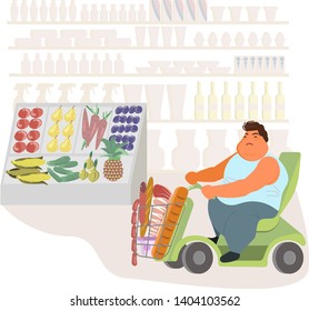 Fat obese disabled man on shopping motorcycle cart choosing vegetables and fruitы in grossery. Overweight guy on supermarket background. Flat Art Vector illustration