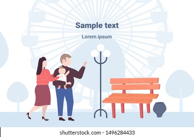 fat obese family standing together parents and child having fun walking outdoor ferris wheel background flat full length horizontal copy space