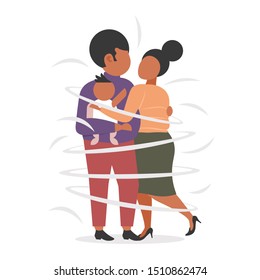 fat obese family standing together african american parents and child embracing overweight man woman with son having fun flat full length