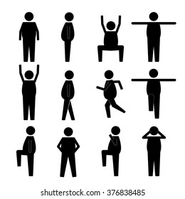 Fat Obese Human Action Poses Postures Stick Figure Pictogram Icons
