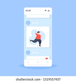 fat obese man dancing male dancer overweight guy having fun weight loss obesity concept smartphone screen online mobile app flat full length