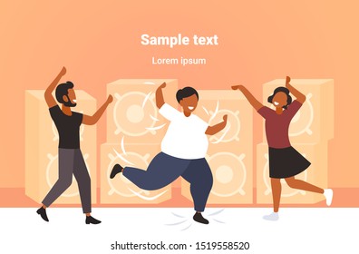 fat obese man dancing on dance floor with african american people on disco party weight loss concept modern night club interior flat full length horizontal copy space