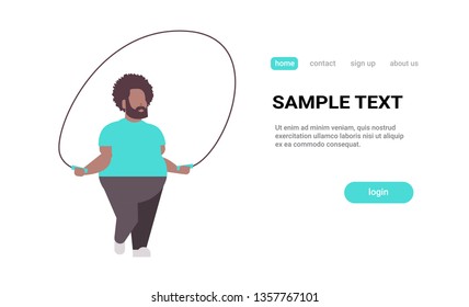 fat obese man doing exercises with jumping rope overweight african american guy training workout weight loss concept flat white background copy space horizontal