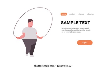 fat obese man doing exercises with jumping rope overweight guy training workout weight loss concept flat white background copy space horizontal