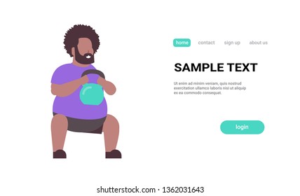 fat obese man doing exercises with kettlebell overweight fatty african american guy training in gym workout weight loss concept white background copy space horizontal full length flat
