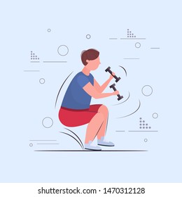 fat obese man doing squats exercises with dumbbells overweight guy training workout weight loss concept flat full length