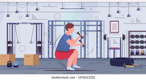 fat obese man doing squats exercises with dumbbells overweight guy training workout weight loss concept modern gym interior flat full length horizontal vector illustration