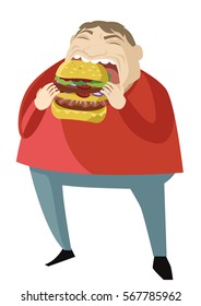 fat obese man eating a burger
