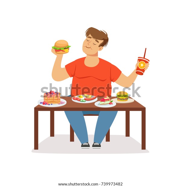 Fat obese man eating fast food, bad habit\
vector Illustration