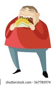 Fat Obese Man Eating A Taco