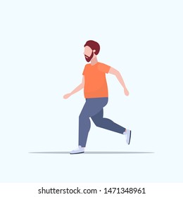 fat obese man jogging overweight guy running sport activity training workout weight loss concept flat full length white background