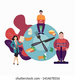 Fat obese man on scales and doctor showing obesity deseases.  Flat tiny persons concept diet chart. Obesity health problem. Overweight treatment concept.
