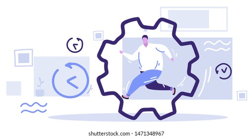fat obese man running in cog wheel hardworking process concept over size guy office worker inside corporate machinery gearwheel sketch horizontal full length