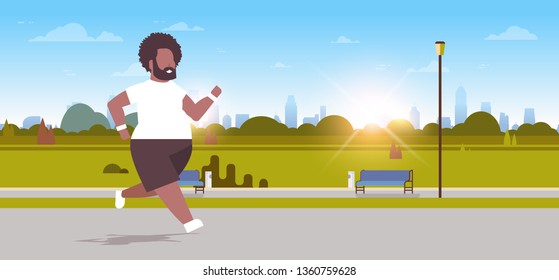 fat obese man running overweight african american guy jogging outdoor city urban park weight loss concept male character full length horizontal sunrise landscape background flat