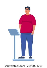 Fat obese man standing on weigh scales. Oversize fatty boy. Obesity weight control concept. Overweight male cartoon character full length. Vector illustration