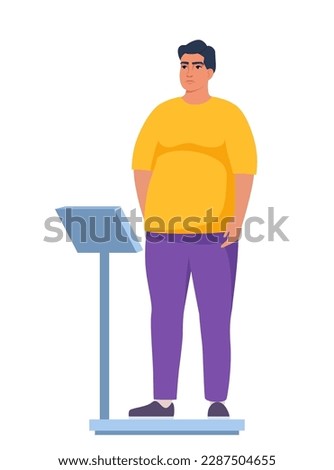 Fat obese man standing on weigh scales. Oversize fatty boy. Obesity weight control concept. Overweight male cartoon character full length. Vector illustration