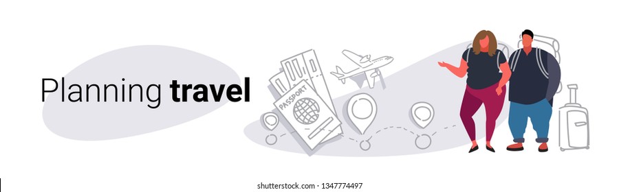 fat obese man woman travelers standing together overweight couple planning travel concept people with baggage choosing hotel and tickets booking sketch doodle horizontal banner
