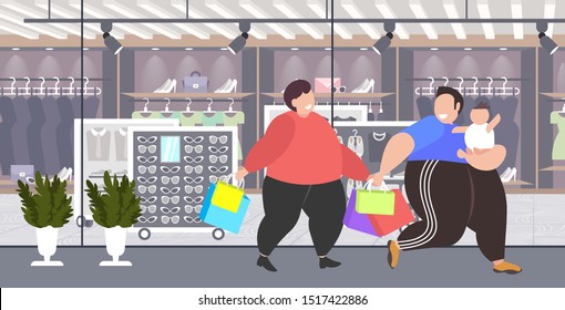 fat obese men with child holding shopping bags overweight guys with little kid walking together big sale obesity concept modern boutique fashion shop exterior full length horizontal