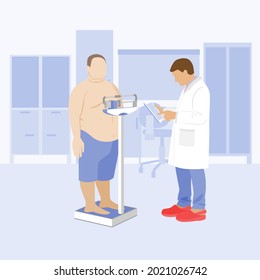 fat obese patient and doctor. examination medical consultation in the clinic. weighing an overweight person. nutritionist, diabetes and heart attack. medical office. flat cartoon vector design. 