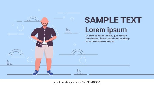 fat obese sad man buttoning shirt overweight casual guy standing pose unhealthy lifestyle obesity concept flat full length horizontal copy space