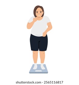 Fat obese sad woman standing on scales having weight problems feeling stressed. Flat vector illustration isolated on white background