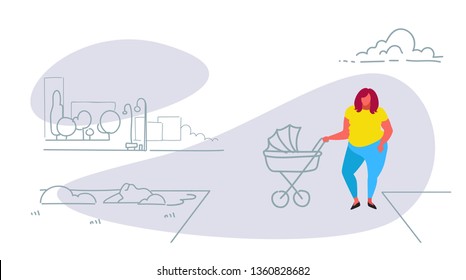 fat obese woman with baby in pram walking city urban park happy family overweight mother and child having fun outdoor cityscape background full length sketch horizontal