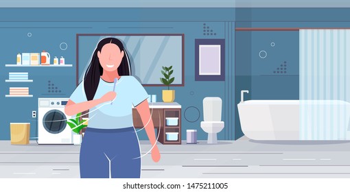 Fat Obese Woman Brushing Teeth Overweight Girl Holding Toothbrush Obesity Concept Modern Bathroom Interior Flat Portrait Horizontal